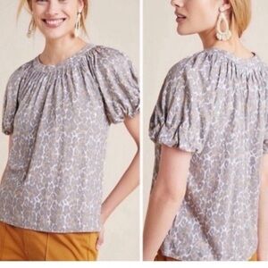 Anthropologie Maeve Leopard Linen Top Short Puff Sleeve Shirt Blouse